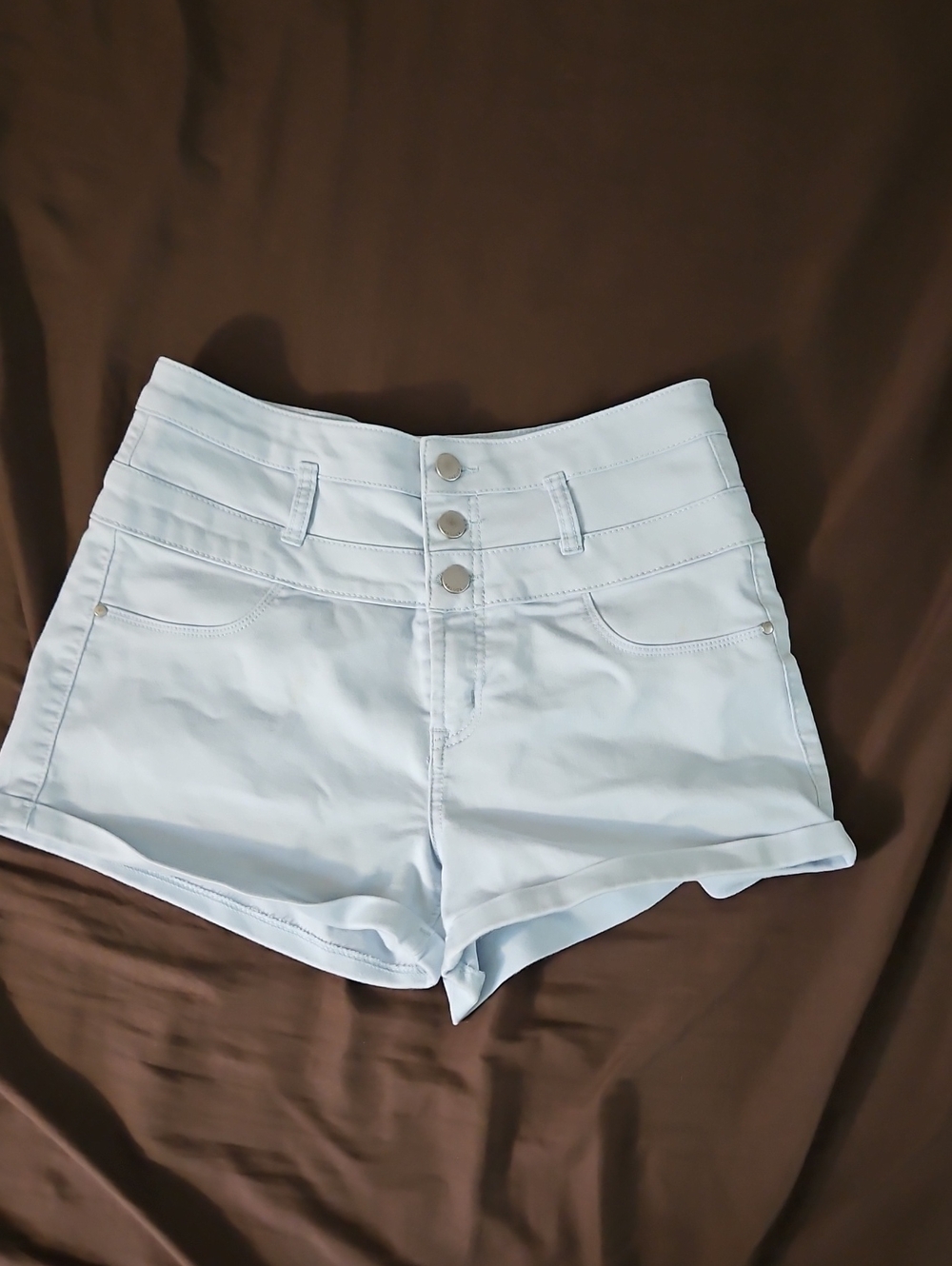 refuge High-Waist Pale Blue Triple-Button Shorts